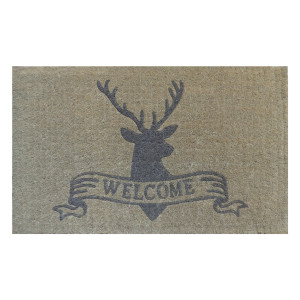 Natural coir doormat with a stag head and Welcome scroll design